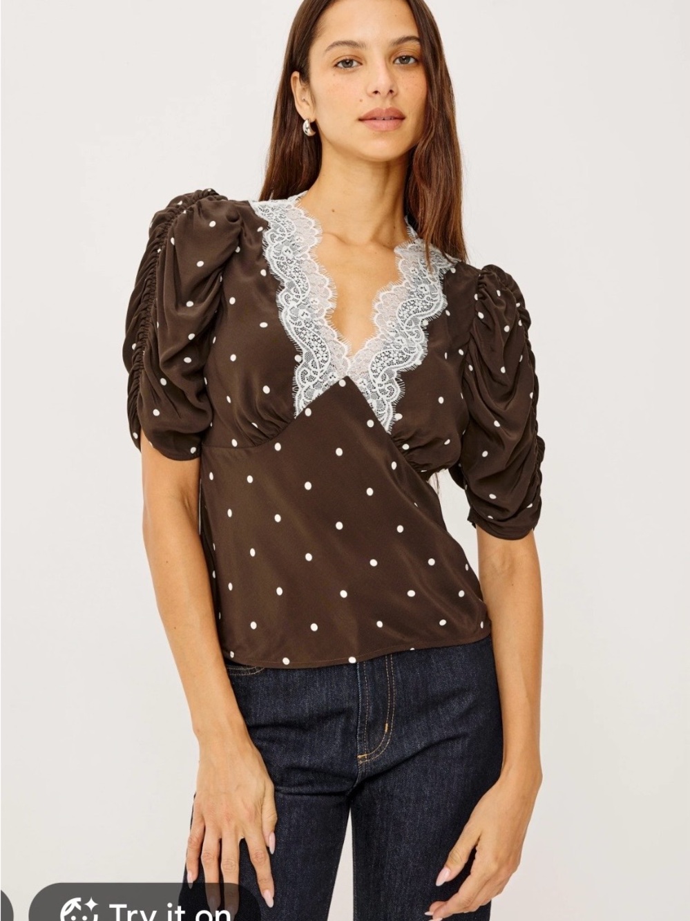Rails Brown Polka Dot Lace-Trim Puff Sleeve Blouse